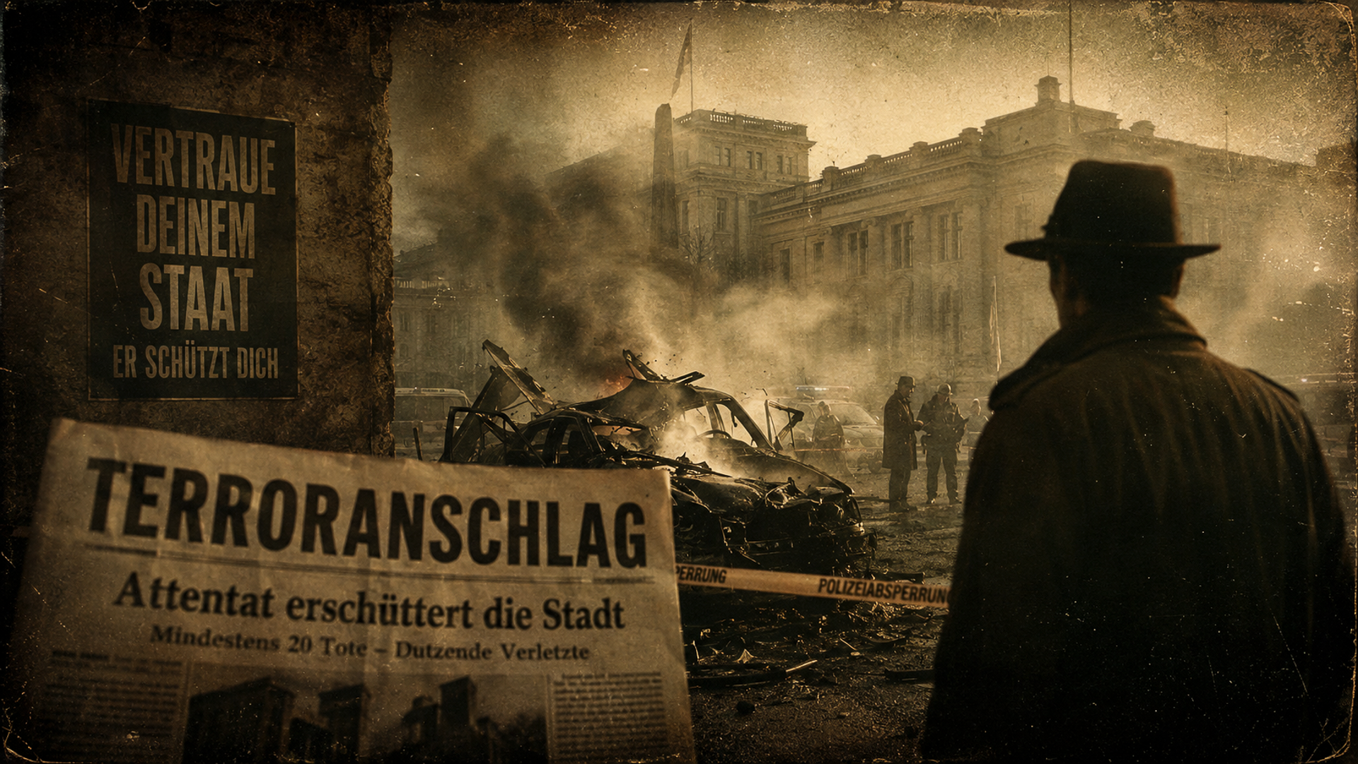 Sepiafarbene Schautafel: Anschlagsort mit zerstörtem Fahrzeug, Polizeisperre, Zeitungsschlagzeile „Terroranschlag“, staatlicher Schutzbotschaft und beobachtender Silhouette.